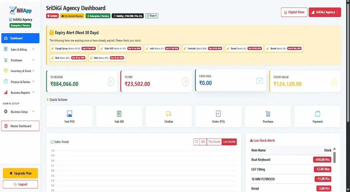 BillApp Dashboard Interface